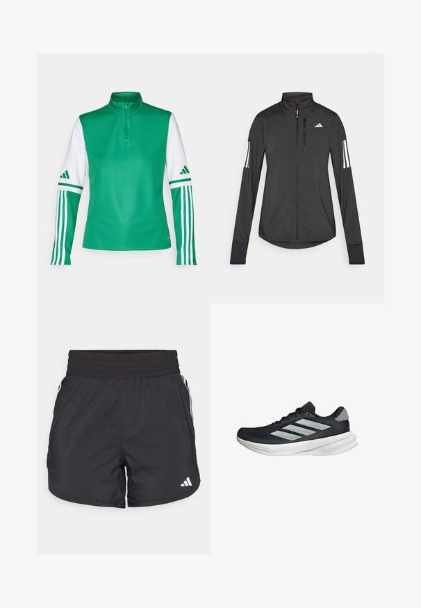 Czarna sportowa kurtka wykonana z lekkiego materiału. Posiada zamek błyskawiczny z przodu, wysoki kołnierz oraz trzy białe paski na każdym rękawie.; Zielona poliesterowa koszulka sportowa z wysokim kołnierzem, półzamkiem, białymi rękawami oraz trzema białymi paskami na każdym rękawie.; Czarne spodenki sportowe z elastycznym paskiem w talii, bocznymi kieszeniami oraz białymi akcentami wzdłuż boków. Wykonane z lekkiego materiału.; Czarny but biegowy z siateczkowym wierzchem, trzema srebrnymi paskami, białą podeszwą środkową i teksturowaną podeszwą zewnętrzną. Posiada wyściełany kołnierz i zapięcie na sznurówki.