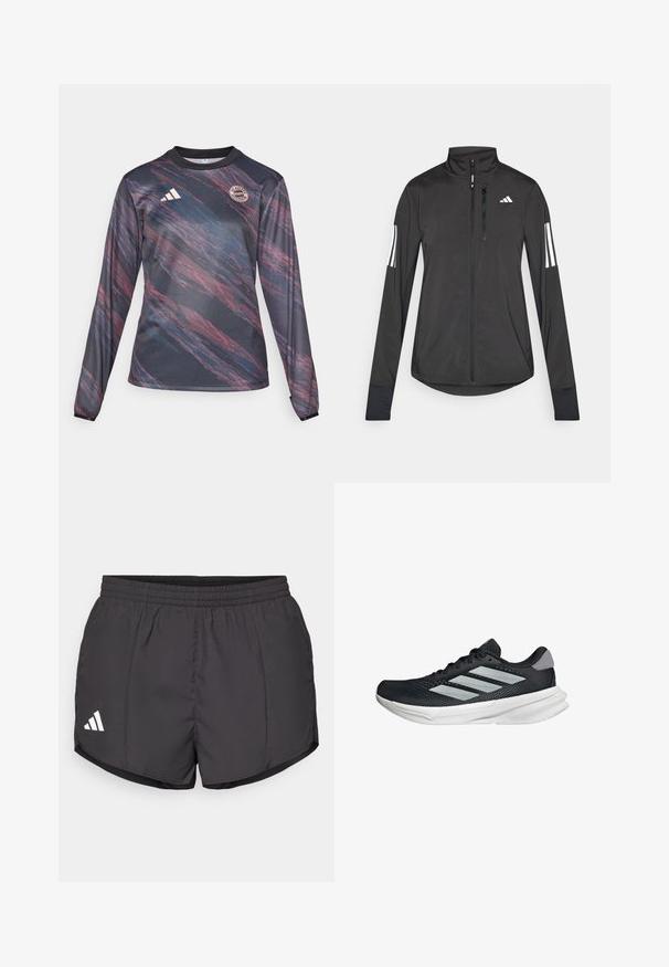 Giacchetto sportivo nero realizzato in materiale leggero. Presenta una chiusura frontale con zip, colletto alto e tre strisce bianche su ciascun manica.; Maglia sportiva a maniche lunghe realizzata in un tessuto nero testurizzato con motivi astratti rossi e blu; presenta il logo adidas e l'emblema della squadra sul petto.; Shorts sportivi neri realizzati in tessuto leggero, con vita elastica e logo Adidas bianco sul lato sinistro in basso.; Scarpa da corsa nera con tomaia in mesh, tre strisce argentate, intersuola bianca e suola testurizzata. Presenta un colletto imbottito e chiusura con lacci.