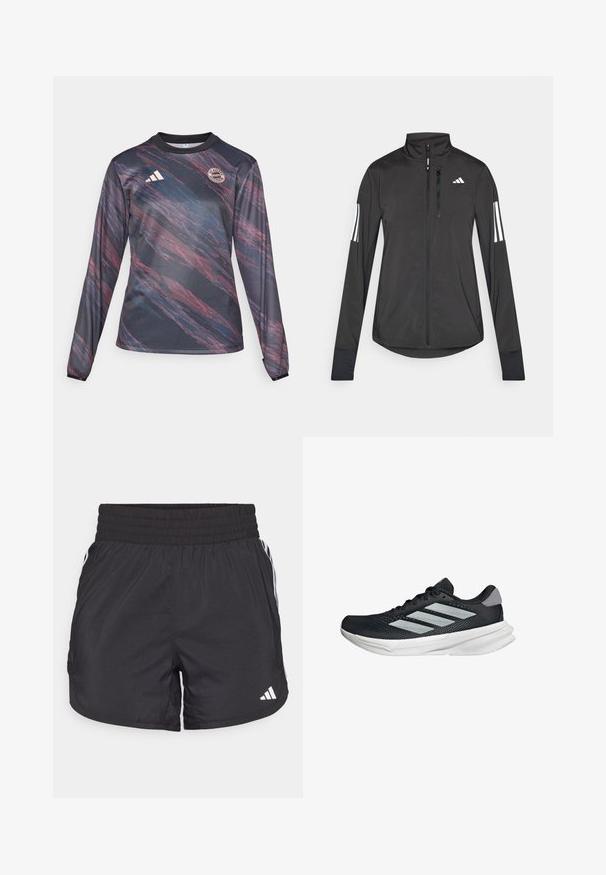 Zwarte sportjack gemaakt van lichtgewicht materiaal. Voorzien van een ritssluiting aan de voorkant, hoge kraag en drie witte strepen op elke mouw.; Langarm sporttrui gemaakt van gestructureerde zwarte stof met abstracte rode en blauwe patronen; bevat het adidas-logo en het teamembleem op de borst.; Zwarte sportieve shorts met een elastische tailleband, zijzakken en witte streepaccenten aan de zijkanten. Gemaakt van lichtgewicht materiaal.; Zwarte hardloopschoen met een mesh bovenzijde, drie zilveren strepen, witte middenzool en een gestructureerde loopzool. Heeft een gevoerde kraag en een vetersluiting.