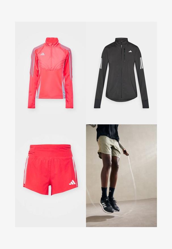 Zwarte sportjack gemaakt van lichtgewicht materiaal. Voorzien van een ritssluiting aan de voorkant, hoge kraag en drie witte strepen op elke mouw.; Roze sportieve pulloverjack met een hoge kraag, ritsnek en grijze zijstrepen. Kenmerkt zich door gestructureerde naden en een getailleerd ontwerp.; Rode sportieve shorts van een gestructureerde stof, met een brede tailleband en witte zijstrepen en logoaccenten.; Zwarte sportieve schoenen met witte strepen, olijfgroene korte broek en marineblauwe sokken. Een springtouw is in de handen van de persoon. Neutrale achtergrond.