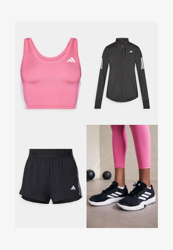 Black athletic jacket made of lightweight material. Features a front zipper, high collar, and three white stripes on each sleeve.; Pink athletic crop top made of stretchy material, featuring a round neckline and white logo accents on the left side.; Black athletic shorts with an elastic waistband, featuring a textured band, side stripes, and a white Adidas logo on the lower hem.; Black athletic shoes with white stripes, textured mesh upper, and a white sole. Worn with pink leggings, showcasing training apparel.