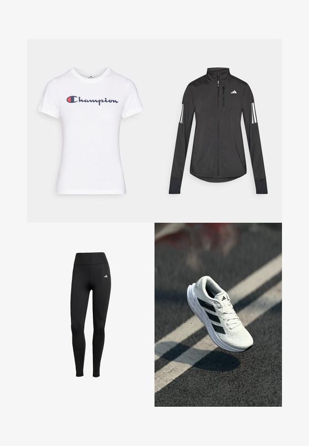 Jaqueta atlética preta feita de material leve. Apresenta um fecho frontal, colarinho alto e três riscas brancas em cada manga.; T-shirt branca de algodão com decote redondo e mangas curtas, adornada com o logótipo "Champion" em azul-marinho e vermelho no peito.; Leggings atléticos pretos com uma cintura alta. Feitos de um tecido elástico com um detalhe do logótipo branco no lado superior esquerdo.; Sapatilha de corrida branca com parte superior texturizada, design de três riscas pretas, colarinho almofadado e sola leve, posicionada no ar sobre uma superfície de estrada.