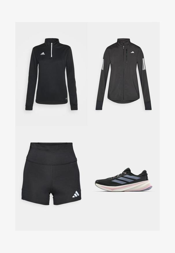 Melnā sporta jaka, izgatavota no viegla materiāla. Tajā ir priekšējais rāvējslēdzis, augsta apkakle un trīs baltas svītras katrā piedurknē.; Melna garām piedurknēm ceturtdaļzipa svīteris, izgatavots no gludas sintētiskas auduma. Tam ir balta zipa un izšūta logo kreisajā krūtī.; adidas Performance Legingi - black; Melnas skriešanas kurpes ar sietiņu augšējo daļu, gaiši purpura akcentiem un trim horizontālām pelēkām svītrām. Iekļauj amortizētu zoli komfortam.