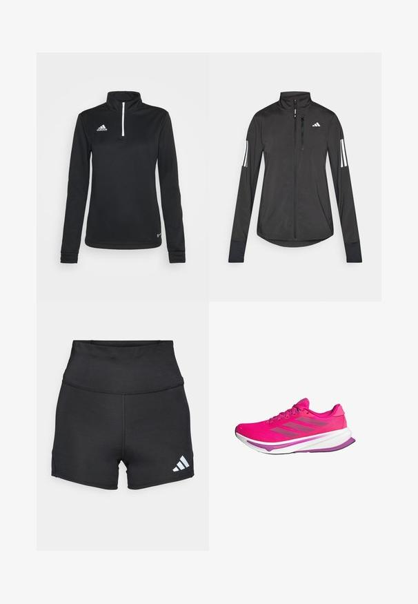 Juodas sportinis švarkas, pagamintas iš lengvos medžiagos. Yra priekinis užtrauktukas, aukšta apykaklė ir trys baltos juostos kiekviename rankovėje.; Juodas ilgomis rankovėmis ketvirčio užtrauktuko džemperis, pagamintas iš lygaus sintetinės medžiagos. Yra baltas užtrauktukas ir išsiuvinėtas logotipas kairėje krūtinės pusėje.; adidas Performance Tamprės - black; Rožiniai bėgimo bateliai su tinklelio viršumi, balta vidurine dalimi ir violetiniais akcentais. Šone trys pilki dryžiai ir išgaubto pado dizainas.