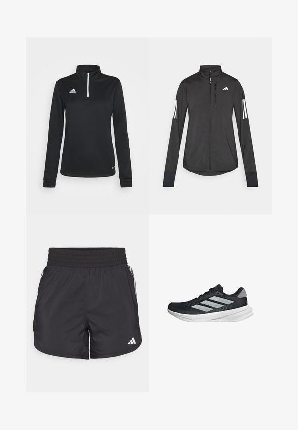 Czarna sportowa kurtka wykonana z lekkiego materiału. Posiada zamek błyskawiczny z przodu, wysoki kołnierz oraz trzy białe paski na każdym rękawie.; Czarny długi rękaw sweter z ćwierć zamkiem, wykonany z gładkiej tkaniny syntetycznej. Posiada biały zamek błyskawiczny oraz haftowane logo na lewej piersi.; Czarne spodenki sportowe z elastycznym paskiem w talii, bocznymi kieszeniami oraz białymi akcentami wzdłuż boków. Wykonane z lekkiego materiału.; Czarny but biegowy z siateczkowym wierzchem, trzema srebrnymi paskami, białą podeszwą środkową i teksturowaną podeszwą zewnętrzną. Posiada wyściełany kołnierz i zapięcie na sznurówki.