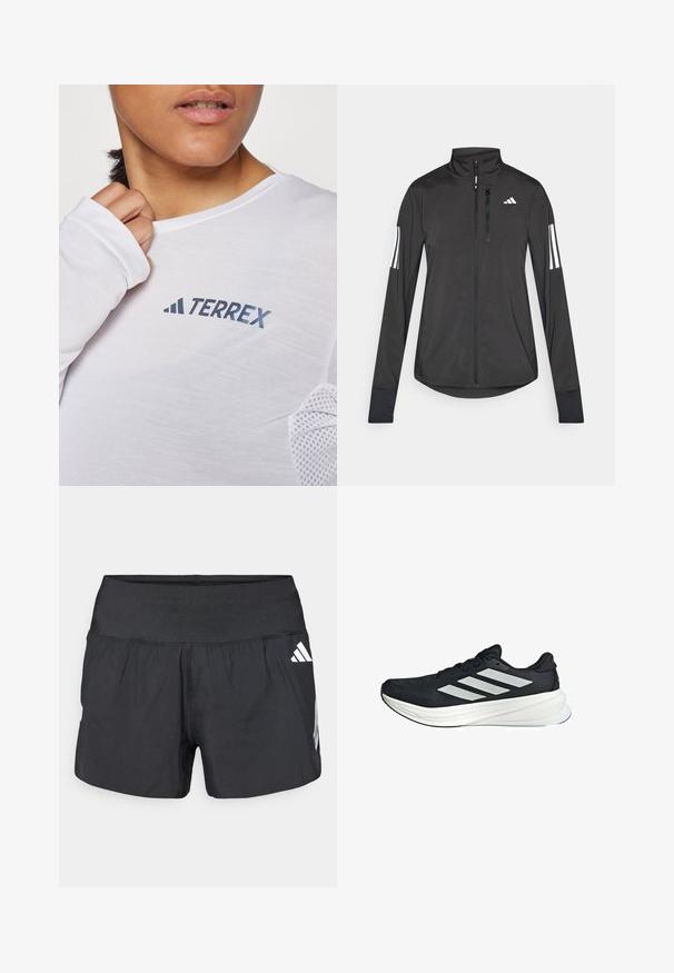 Schwarze Sportjacke aus leichtem Material. Mit einem Frontreißverschluss, hohem Kragen und drei weißen Streifen an jedem Ärmel.; Weißes Langarmhemd mit blauem "TERREX"-Logo. Der Stoff ist leicht und hat strukturierte Mesh-Akzente an den Schultern.; Schwarze Sportshorts mit einem breiten elastischen Bund, leichtem Stoff und weißen Logoakzenten an der unteren Seite.; Schwarzer Sportschuh mit einer strukturierten oberen Fläche, der drei weiße Streifen an der Seite und eine weiße Zwischensohle hat. Leichtes Design, stromlinienförmige Form.