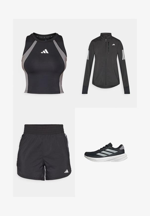 Giacchetto sportivo nero realizzato in materiale leggero. Presenta una chiusura frontale con zip, colletto alto e tre strisce bianche su ciascun manica.; Canotta sportiva nera con pannelli laterali grigi. Presenta un collo rotondo e un logo adidas bianco nella zona del petto. Realizzata in tessuto elasticizzato.; Pantaloni sportivi neri con elastico in vita, tasche laterali e strisce bianche ai lati. Realizzati in materiale leggero.; Scarpa da corsa nera con tomaia in mesh, tre strisce argentate, intersuola bianca e suola testurizzata. Presenta un colletto imbottito e chiusura con lacci.