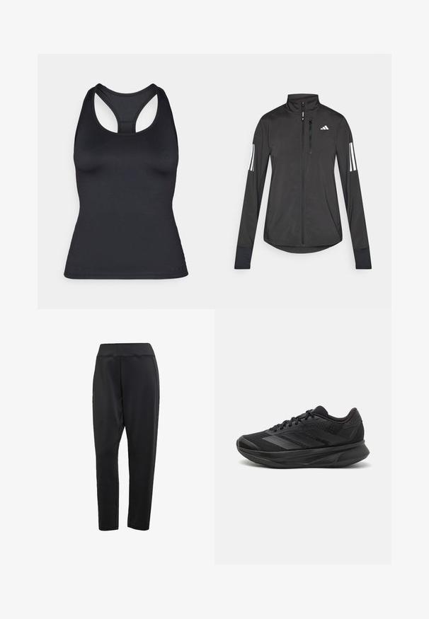 Černá atletická bunda vyrobená z lehkého materiálu. Má přední zip, vysoký límec a tři bílé pruhy na každém rukávu.; Černý sportovní tílko s racerback střihem, přiléhavého designu a bezešvými okraji, vyrobené z hladké, elastické tkaniny.; Černé sportovní kalhoty z hladké, pružné látky; mají vysoký pas a zužující se nohavice s kontrastními bočními švy.; Černé běžecké boty s prodyšným síťovaným svrškem, kulatou špičkou, elegantním designem, texturovanými detaily a polstrovanou podrážkou pro pohodlí.