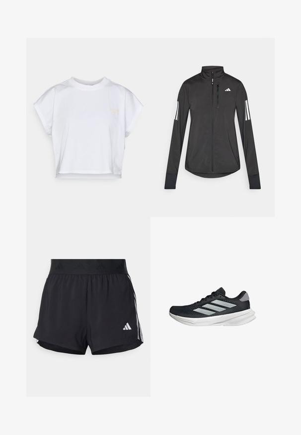 Czarna sportowa kurtka wykonana z lekkiego materiału. Posiada zamek błyskawiczny z przodu, wysoki kołnierz oraz trzy białe paski na każdym rękawie.; Biała krótka koszulka z bawełny, z okrągłym dekoltem, krótkimi rękawami i małym żółtym logo z przodu. Płaski design, brak wzorów.; Czarne sportowe szorty z elastycznym paskiem w talii, z teksturowanym pasem, bocznymi paskami oraz białym logo Adidas na dolnym brzegu.; Czarny but biegowy z siateczkowym wierzchem, trzema srebrnymi paskami, białą podeszwą środkową i teksturowaną podeszwą zewnętrzną. Posiada wyściełany kołnierz i zapięcie na sznurówki.