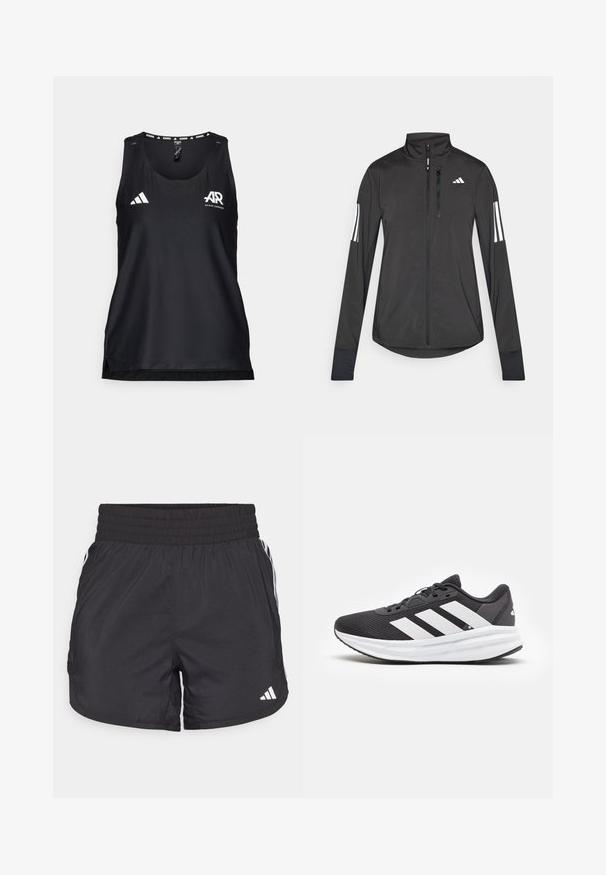 Veste de sport noire en matériau léger. Dotée d'une fermeture éclair sur le devant, d'un col haut et de trois rayures blanches sur chaque manche.; Débardeur de sport noir en tissu respirant. Dispose d'un col rond, d'une coupe régulière et d'un logo Adidas blanc sur le devant.; Shorts de sport noirs avec une taille élastique, des poches latérales et des accents de rayures blanches sur les côtés. Fabriqués en matériau léger.; Baskets de sport noires avec des accents blancs, dotées d'un dessus en maille, d'une semelle rembourrée et de trois rayures blanches sur le côté pour la marque.