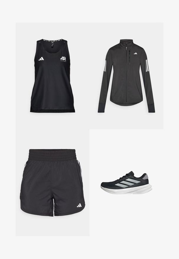 Schwarze Sportjacke aus leichtem Material. Mit einem Frontreißverschluss, hohem Kragen und drei weißen Streifen an jedem Ärmel.; Schwarzes Sporttanktop aus atmungsaktivem Material. Verfügt über einen runden Halsausschnitt, eine normale Passform und das weiße Adidas-Logo auf der Vorderseite.; Schwarze Sportshorts mit elastischem Bund, seitlichen Taschen und weißen Streifenakzenten an den Seiten. Hergestellt aus leichtem Material.; Schwarzer Laufschuh mit Mesh-Obermaterial, drei silbernen Streifen, weißer Zwischensohle und strukturiertem Außensohle. Verfügt über einen gepolsterten Schaft und eine Schnürung.
