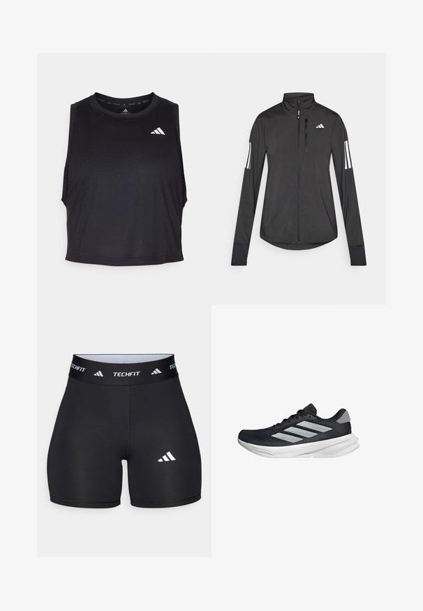 Musta urheilutakki, joka on valmistettu kevyestä materiaalista. Ominaisuuksiin kuuluu etuvetoketju, korkea kaulus ja kolme valkoista raitaa joka hihassa.; Musta hihaton treenitoppi, joka on valmistettu sileästä kankaasta. Topissa on pyöreä pääntie ja pieni valkoinen logokoriste olkapään lähellä.; Lyhyet mustat shortsit, jotka on valmistettu joustavasta kankaasta ja joissa on muotoiltu malli. Ominaisuuksiin kuuluu leveä musta vyötärönauha, johon on merkitty "TECHFIT", sekä valkoinen logo jalassa.; Musta juoksukenkä, jossa on verkko-osa ylhäällä, kolme hopeista raitaa, valkoinen välipohja ja teksturoitu pohja. Varustettu pehmustetulla nilkkaremmeillä ja nauhakiinnityksellä.