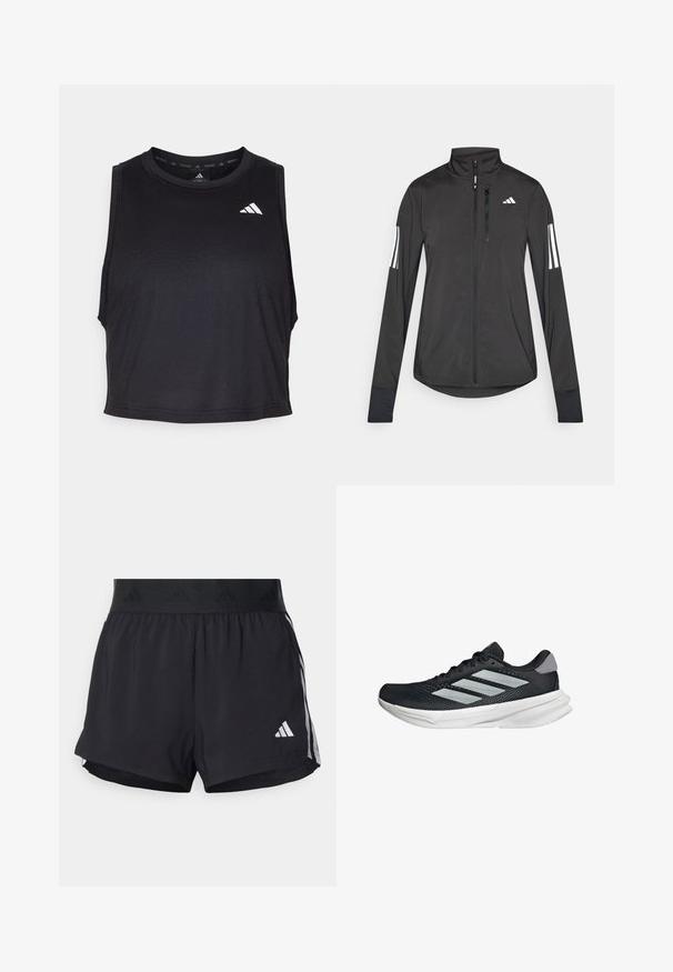 Sort atletisk jakke lavet af let materiale. Har en frontlynlås, høj krave og tre hvide striber på hver ærme.; Sort ærmeløs trænings crop top lavet af glat stof, med en rund halsudskæring og en lille hvid logo detalje nær skulderen.; Sorte sport shorts med elastisk talje, der har et tekstureret bånd, sidestreger og et hvidt Adidas-logo på den nederste kant.; Sort løbesko med mesh-overdel, tre sølvstriber, hvid mellemsål og struktureret ydersål. Har polstret krave og snørelukning.
