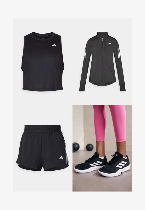 Czarna sportowa kurtka wykonana z lekkiego materiału. Posiada zamek błyskawiczny z przodu, wysoki kołnierz oraz trzy białe paski na każdym rękawie.; Czarny bezrękawnik treningowy w kroju crop top, wykonany z gładkiego materiału, z okrągłym dekoltem i małym białym logo w okolicy ramienia.; Czarne sportowe szorty z elastycznym paskiem w talii, z teksturowanym pasem, bocznymi paskami oraz białym logo Adidas na dolnym brzegu.; Czarne sportowe buty z białymi paskami, teksturowana siateczkowa cholewka i biała podeszwa. Nosi je osoba w różowych legginsach, prezentując odzież treningową.