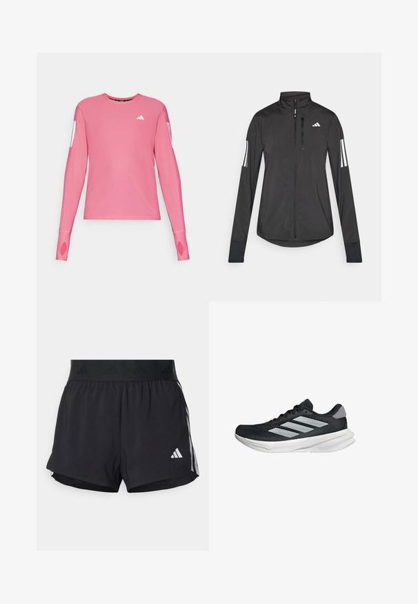 Giacchetto sportivo nero realizzato in materiale leggero. Presenta una chiusura frontale con zip, colletto alto e tre strisce bianche su ciascun manica.; Maglietta atletica a maniche lunghe rosa con scollatura rotonda e aperture per il pollice sui polsini. Presenta accenti di branding bianchi sulle maniche.; Pantaloni sportivi neri con cintura elasticizzata, dotati di una banda testurizzata, strisce laterali e un logo Adidas bianco sull'orlo inferiore.; Scarpa da corsa nera con tomaia in mesh, tre strisce argentate, intersuola bianca e suola testurizzata. Presenta un colletto imbottito e chiusura con lacci.