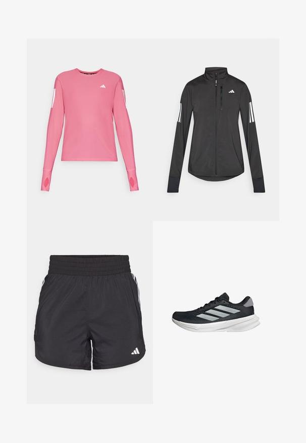 Zwarte sportjack gemaakt van lichtgewicht materiaal. Voorzien van een ritssluiting aan de voorkant, hoge kraag en drie witte strepen op elke mouw.; Roze lange mouwen sportshirt met ronde hals en duimopening in de manchetten. Bevat witte merkaccenten op de mouwen.; Zwarte sportieve shorts met een elastische tailleband, zijzakken en witte streepaccenten aan de zijkanten. Gemaakt van lichtgewicht materiaal.; Zwarte hardloopschoen met een mesh bovenzijde, drie zilveren strepen, witte middenzool en een gestructureerde loopzool. Heeft een gevoerde kraag en een vetersluiting.