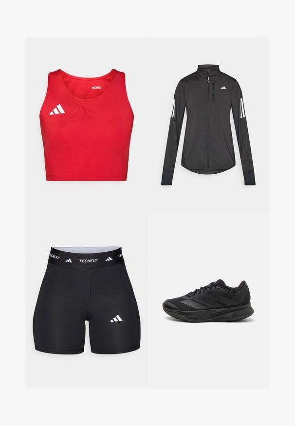 Schwarze Sportjacke aus leichtem Material. Mit einem Frontreißverschluss, hohem Kragen und drei weißen Streifen an jedem Ärmel.; Roter Sport-Crop-Top mit geripptem Material, runder Ausschnitt, breiten Schulterträgern und weißem Logodetail.; Schwarze Shorts aus dehnbarem Stoff mit passgenauer Passform. Verfügt über einen breiten schwarzen Bund, der mit "TECHFIT" beschriftet ist, und ein weißes Logo am Bein.; Schwarzer Laufschuh mit einem atmungsaktiven Mesh-Obermaterial, runder Zehenpartie, schlankem Design, strukturierten Akzenten und einer gepolsterten Sohle für Komfort.