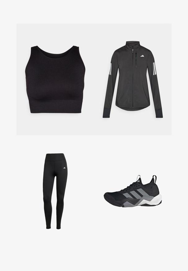 Black athletic jacket made of lightweight material. Features a front zipper, high collar, and three white stripes on each sleeve.; Black ribbed crop top with a high neckline and wide armholes, featuring a soft, stretchy fabric for comfort and a seamless design.; Black athletic leggings with a high waistband. Made of stretchable fabric featuring a white logo detail on the upper left side.; Black athletic shoe with a breathable mesh upper, grey accents, textured sole, and three distinctive stripes on the side.