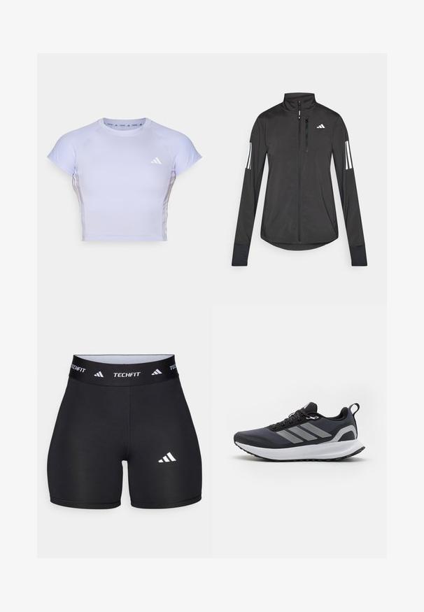 Black athletic jacket made of lightweight material. Features a front zipper, high collar, and three white stripes on each sleeve.; Light purple athletic shirt with short sleeves, narrow fit, ribbed accents, and a small white logo on the chest. Smooth, stretchy material.; Black shorts made from stretchy fabric with a fitted design. Features a wide black waistband labeled "TECHFIT" and a white logo on the leg.; Black athletic shoe with mesh upper, white midsole, textured rubber outsole, and three grey stripes on the side. Features laces and a pull tab.