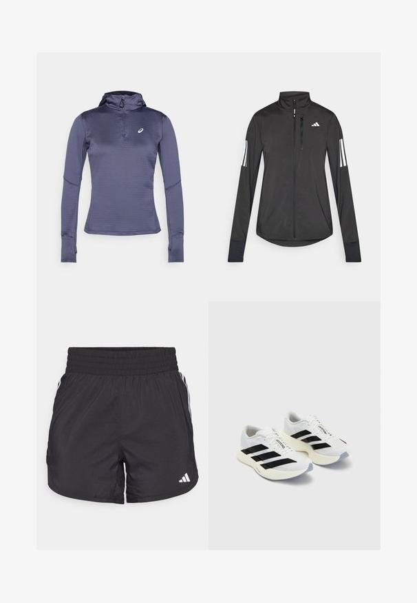 Black athletic jacket made of lightweight material. Features a front zipper, high collar, and three white stripes on each sleeve.; Long-sleeve athletic top in dark blue, featuring a zip neck, hood, and thumbholes. Textured fabric with a geometric pattern. Logo on chest.; Black athletic shorts with an elastic waistband, side pockets, and white stripe accents on the sides. Made of lightweight material.; White athletic shoes with black stripes and branding, featuring a mesh upper, rounded toe, and thick cream sole for cushioning.