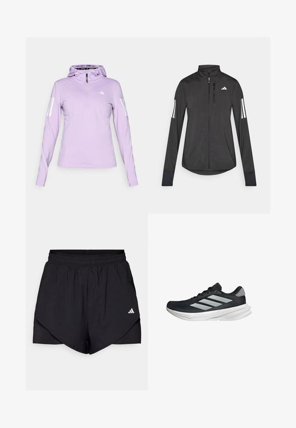 Musta urheilutakki, joka on valmistettu kevyestä materiaalista. Ominaisuuksiin kuuluu etuvetoketju, korkea kaulus ja kolme valkoista raitaa joka hihassa.; Vaaleanlilas pitkähihaisessa hupparissa on puolivetoketju, jossa on valkoiset kolmiraita-akkentit hihoissa ja pyöreä pääntie.; Mustat urheilushortsit, joissa on kerroksellinen muotoilu, valmistettu kevyestä kankaasta. Ominaisuuksiin kuuluu joustava vyötärö ja pieni valkoinen logo sivulla.; Musta juoksukenkä, jossa on verkko-osa ylhäällä, kolme hopeista raitaa, valkoinen välipohja ja teksturoitu pohja. Varustettu pehmustetulla nilkkaremmeillä ja nauhakiinnityksellä.