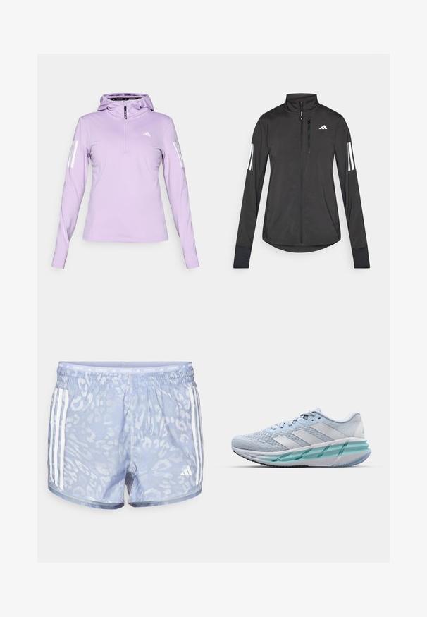 Schwarze Sportjacke aus leichtem Material. Mit einem Frontreißverschluss, hohem Kragen und drei weißen Streifen an jedem Ärmel.; Hellblau lilafarbene Kapuzenpullover mit langen Ärmeln und einem halben Reißverschluss, mit weißen drei Streifen-Akzenten an den Ärmeln und einem runden Halsausschnitt.; Hellblaue Laufshorts mit einem dezenten Leopardenmuster, elastischem Bund und drei weißen Streifen an jeder Seite.; Helle blaue Sportschuhe mit einem strukturierten Strickobermaterial, weißen Akzenten und einer transparenten grünen Zwischensohle. Abgerundete Zehenpartie und gepolsterter Schaft.
