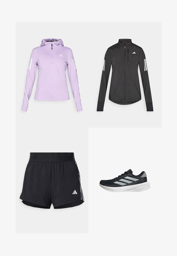 Crni sportski jakna napravljena od laganog materijala. Ima prednji zatvarač, visoki ovratnik i tri bijele pruge na svakoj rukavu.; Svijetlopurple dukserica dugih rukava s polu-rajšem, koja ima bijele trostruke pruge na rukavima i zaobljeni izrez.; Crne atletske kratke hlače s elastičnim pojasom, s teksturiranim pojasom, bočnim prugama i bijelim Adidas logotipom na donjem rubu.; Crne trkačke tenisice s mrežastim gornjim dijelom, tri srebrne pruge, bijeli srednji sloj i teksturirani potplat. Sadrži podstavljeni ovratnik i zatvaranje s vezicama.