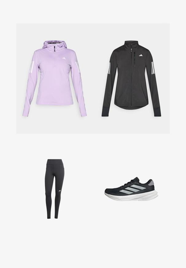 Zwarte sportjack gemaakt van lichtgewicht materiaal. Voorzien van een ritssluiting aan de voorkant, hoge kraag en drie witte strepen op elke mouw.; Lichtpaarse lange mouwen hoodie met een halve rits, voorzien van witte drie-strepen accenten op de mouwen en een ronde halslijn.; Zwarte sportlegging met een hoge tailleband, voorzien van een zijzak en een wit logo op het linkerspoor van de onderkant. Het materiaal lijkt ademend te zijn.; Zwarte hardloopschoen met een mesh bovenzijde, drie zilveren strepen, witte middenzool en een gestructureerde loopzool. Heeft een gevoerde kraag en een vetersluiting.