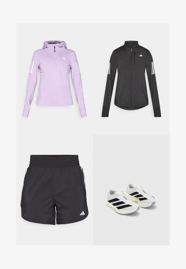 Black athletic jacket made of lightweight material. Features a front zipper, high collar, and three white stripes on each sleeve.; Light purple long-sleeve hoodie with a half-zipper, featuring white three-stripe accents on sleeves and a rounded neckline.; Black athletic shorts with an elastic waistband, side pockets, and white stripe accents on the sides. Made of lightweight material.; White athletic shoes with black stripes and branding, featuring a mesh upper, rounded toe, and thick cream sole for cushioning.