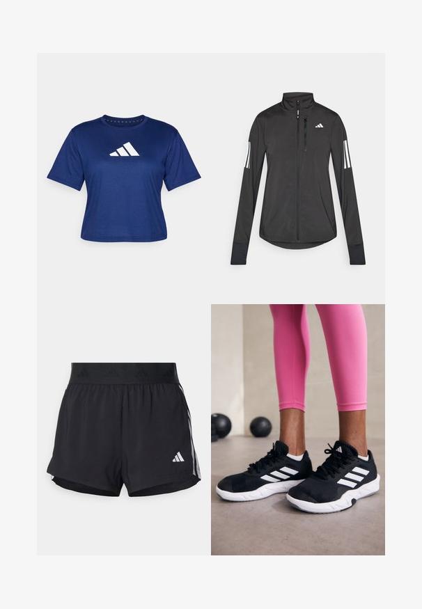 Melnā sporta jaka, izgatavota no viegla materiāla. Tajā ir priekšējais rāvējslēdzis, augsta apkakle un trīs baltas svītras katrā piedurknē.; Jūras zila sporta t-krekls, kas izgatavots no viegla auduma, ar īsām piedurknēm un baltu logotipu ar trim diogonalām svītrām priekšpusē.; Melni sporta šorti ar elastīgu jostu, ar teksturētu joslu, sānu svītrām un baltu Adidas logo apakšējā malu.; Melnas sporta kurpes ar baltām svītrām, teksturēta sieta augšdaļa un balta zole. Nēsātas ar rozā legingiem, demonstrējot treniņu apģērbu.