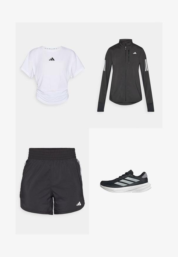 Černá atletická bunda vyrobená z lehkého materiálu. Má přední zip, vysoký límec a tři bílé pruhy na každém rukávu.; Bílé tričko s krátkým rukávem a kulatým výstřihem, s černým logem Adidas na horní části hrudníku a volánkovou strukturou v pase.; Černé sportovní šortky s elastickým pasem, bočními kapsami a bílými pruhy po stranách. Vyrobené z lehkého materiálu.; Černé běžecké boty s vrchní částí z prodyšné síťoviny, třemi stříbrnými pruhy, bílou mezipodešví a texturovanou podešví. Obsahují polstrovaný límec a šněrování.