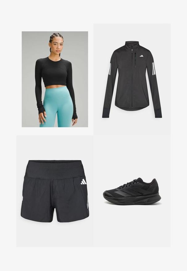 Svart idrottsjacka i lätt material. Har en framzipper, hög krage och tre vita ränder på varje ärm.; Svart långärmad crop-top med en mjuk textur, kombinerad med högmidjade ljusblå leggings i ett stretchigt material.; Svarta sportshorts med bred resår i midjan, lättviktstyg och vita logodetaljer på nedre sidan.; Svart löparskor med ett andningsbart mesh-övre, rund tå, elegant design, texturerade accenter och en dämpad sula för komfort.