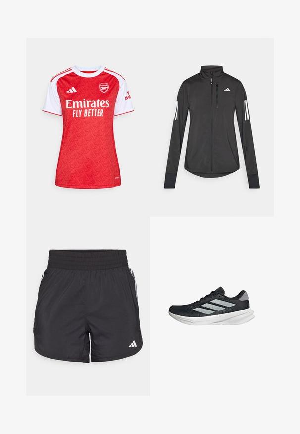 Svart idrottsjacka i lätt material. Har en framzipper, hög krage och tre vita ränder på varje ärm.; Röd och vit fotbollströja med ett mönstrat design, rundad hals, korta ärmar och "Emirates Fly Better"-logotypen på framsidan.; Svarta träningsshorts med elastisk midja, sidfickor och vita randkonturer på sidorna. Tillverkade av lätt material.; Svart löparskor med meshtopp, tre silverränder, vit mellansula och strukturerad sula. Har vadderad krage och snörning.