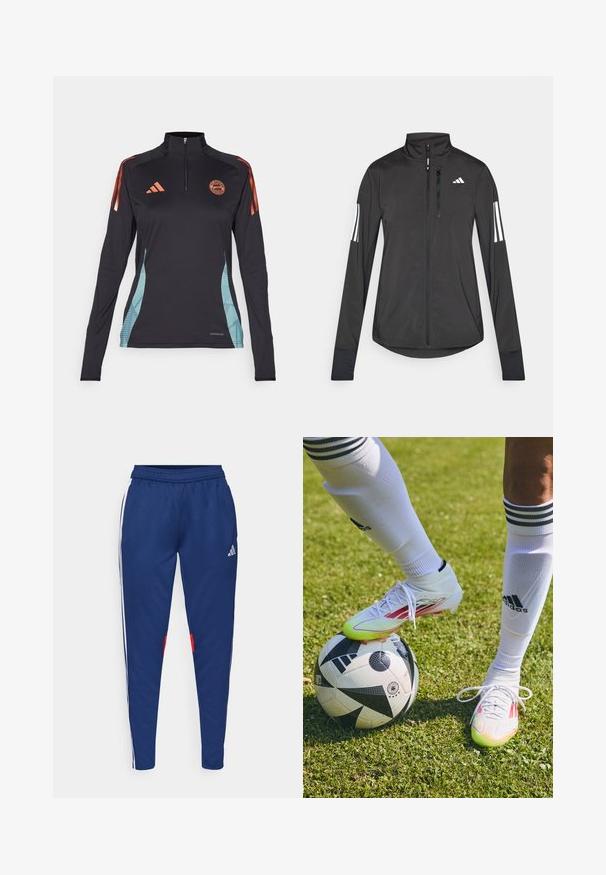 Čierna športová bunda vyrobená z ľahkého materiálu. Má zips vpredu, vysoký golier a tri biele pruhy na každom rukáve.; Čierna dlhá atletická košeľa s polovičným zipsom, oranžovými akcentmi a modrými geometrickými bočnými panelmi. Logo Adidas na hrudi. Označenie AEROREADY na spodnej časti.; Námořnické tepláky s bílými bočními pruhy, elastickým pasem a červenými akcenty poblíž lemu. Vyrobené z hladké, lehké látky.; Biele futbalové kopačky s červenými akcentami, položené na čierno-bielom futbalovom míči, na tráve so zreteľne viditeľnými bielymi ponožkami a pruhmi.