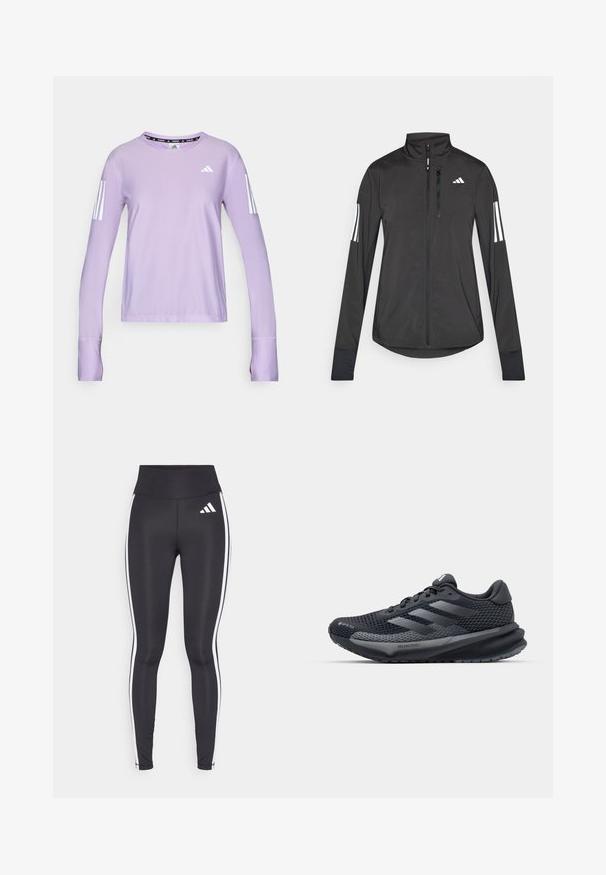 Black athletic jacket made of lightweight material. Features a front zipper, high collar, and three white stripes on each sleeve.; Lilac long-sleeve athletic shirt made of textured fabric. Features three white stripes on each sleeve and a round neck with a black logo detail.; Black leggings with high waist, featuring white side stripes and a small white logo on the upper left thigh. Made from smooth, stretchy material.; Black athletic shoe with a textured mesh upper, reflective accents, cushioned sole, and a streamlined design. Features three stripe logo.