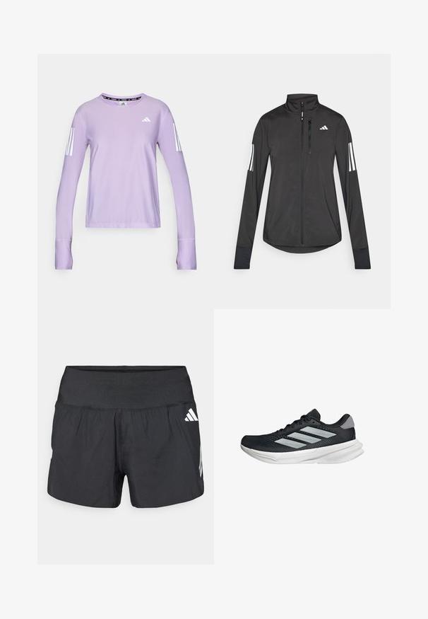 Sort atletisk jakke lavet af let materiale. Har en frontlynlås, høj krave og tre hvide striber på hver ærme.; Lilla langærmet sports T-shirt lavet af tekstureret stof. Har tre hvide striber på hver ærme og en rund hals med en sort logo detalje.; Sorte atletikshorts med bred elastisk talje, letvægtsstof og hvide logoaccents på den nederste side.; Sort løbesko med mesh-overdel, tre sølvstriber, hvid mellemsål og struktureret ydersål. Har polstret krave og snørelukning.