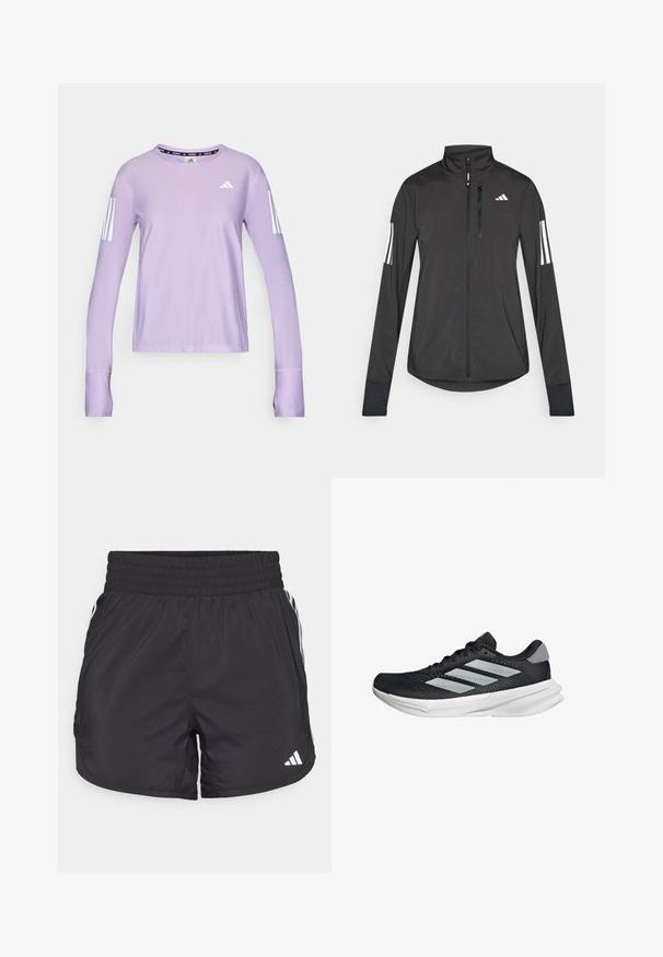 Sort atletisk jakke lavet af let materiale. Har en frontlynlås, høj krave og tre hvide striber på hver ærme.; Lilla langærmet sports T-shirt lavet af tekstureret stof. Har tre hvide striber på hver ærme og en rund hals med en sort logo detalje.; Sorte atletiske shorts med elastisk talje, sidelommer og hvid stribeaccent på siderne. Fremstillet af letvægtsmateriale.; Sort løbesko med mesh-overdel, tre sølvstriber, hvid mellemsål og struktureret ydersål. Har polstret krave og snørelukning.