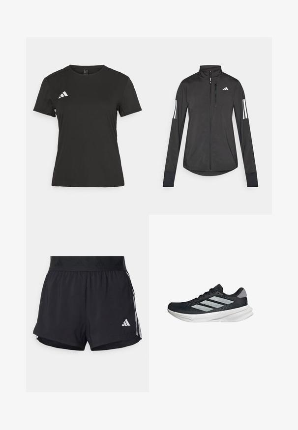 Musta urheilutakki, joka on valmistettu kevyestä materiaalista. Ominaisuuksiin kuuluu etuvetoketju, korkea kaulus ja kolme valkoista raitaa joka hihassa.; Musta urheilu t-paita, joka on valmistettu sileästä kankaasta. Siinä on pyöreä kaula-aukko, lyhyet hihat ja valkoinen logo vasemmassa rintataskun kohdalla.; Mustat urheilushortsit, joissa on joustava vyötärö, jossa on teksturoitu nauha, sivuraidat ja valkoinen Adidas-logo alahelman kohdalla.; Musta juoksukenkä, jossa on verkko-osa ylhäällä, kolme hopeista raitaa, valkoinen välipohja ja teksturoitu pohja. Varustettu pehmustetulla nilkkaremmeillä ja nauhakiinnityksellä.