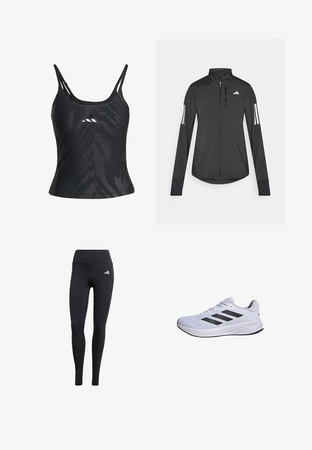 Musta urheilutakki, joka on valmistettu kevyestä materiaalista. Ominaisuuksiin kuuluu etuvetoketju, korkea kaulus ja kolme valkoista raitaa joka hihassa.; Mustapohjainen urheilutoppi, jossa on kapeat olkaimet, ja joka sisältää strukturoidun, sävyiltään samanlaisen abstraktin kuosin sekä pienen logon edessä. Sujuva kangas.; Mustat legginsit, jotka on valmistettu venyvästä materiaalista ja joissa on korkea vyötärö sekä pieni valkoinen logo, ja jotka omaavat sileän, matsan pinnan.; adidas Performance RESPONSE - Katujuoksukengät - cloud white core black cloud white