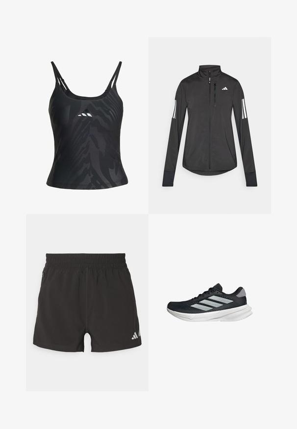 Schwarze Sportjacke aus leichtem Material. Mit einem Frontreißverschluss, hohem Kragen und drei weißen Streifen an jedem Ärmel.; Schwarzes Sport-Tanktop mit schmalen Trägern, das ein strukturiertes, tonal abgestimmtes Abstract-Muster und ein kleines Logo auf der Vorderseite aufweist. Glatte Stoffqualität.; Schwarze sportliche Shorts aus leichtem Stoff. Mit elastischem Bund, seitlicher Reißverschlusstasche und einem reflektierenden Logo am Saum.; Schwarzer Laufschuh mit Mesh-Obermaterial, drei silbernen Streifen, weißer Zwischensohle und strukturiertem Außensohle. Verfügt über einen gepolsterten Schaft und eine Schnürung.