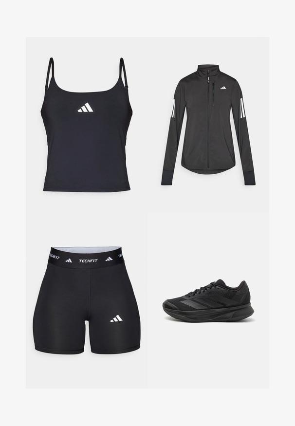 Black athletic jacket made of lightweight material. Features a front zipper, high collar, and three white stripes on each sleeve.; Black athletic tank top with thin straps, featuring a white Adidas logo on the front. Smooth fabric with a fitted design.; Black shorts made from stretchy fabric with a fitted design. Features a wide black waistband labeled "TECHFIT" and a white logo on the leg.; Black running shoe with a breathable mesh upper, rounded toe, sleek design, textured accents, and a cushioned sole for comfort.