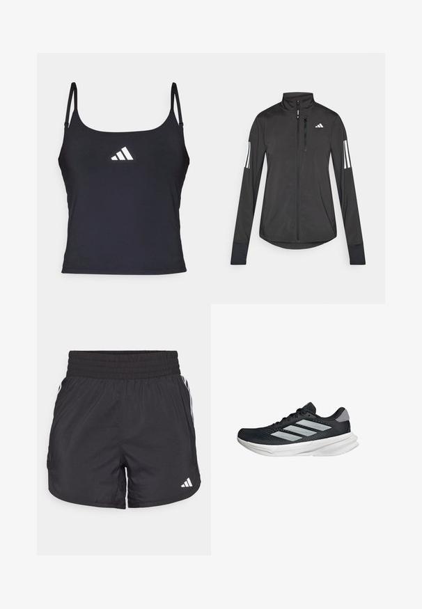 Schwarze Sportjacke aus leichtem Material. Mit einem Frontreißverschluss, hohem Kragen und drei weißen Streifen an jedem Ärmel.; Schwarzes Sporttanktop mit dünnen Trägern, mit einem weißen Adidas-Logo auf der Vorderseite. Glatter Stoff mit taillierter Passform.; Schwarze Sportshorts mit elastischem Bund, seitlichen Taschen und weißen Streifenakzenten an den Seiten. Hergestellt aus leichtem Material.; Schwarzer Laufschuh mit Mesh-Obermaterial, drei silbernen Streifen, weißer Zwischensohle und strukturiertem Außensohle. Verfügt über einen gepolsterten Schaft und eine Schnürung.