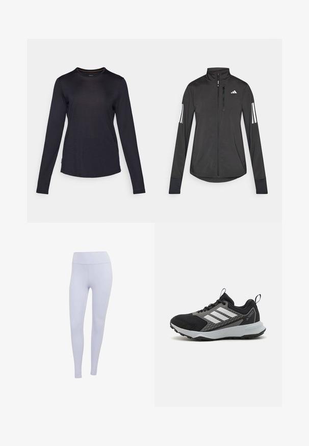 Must mustriga mustrin, millel on esiküljel lukuga, kõrge krae ja igal varrukal kolm valget triipu.; Tumesinise pikakäisega särk, mis on valmistatud pehmest materjalist, ümar kaelus, peene tekstuur ja kumer hem. Omab väikest logo sildiga.; Heledad lilla retuusid, mis on valmistatud venivast kangast. Kõrge vöökoht, sile tekstuur ja nähtamatud õmblused või mustrid.; Mustad mustus sportlik king, hallide detailidega, koos tekstureeritud võrkkattega, kolme valge triibuga ja kummist tallaga, mis tagab haarde.