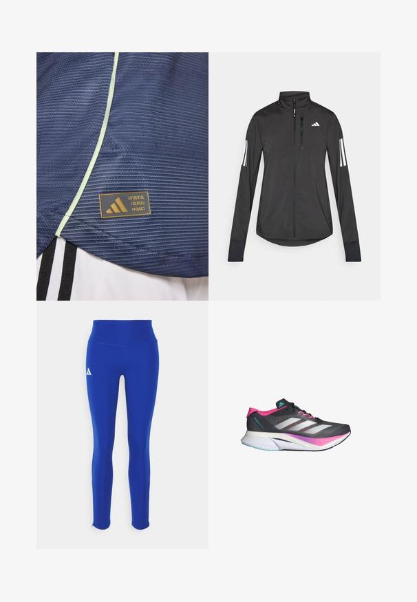 Čierna športová bunda vyrobená z ľahkého materiálu. Má zips vpredu, vysoký golier a tri biele pruhy na každom rukáve.; Námornícky športový dres s textúrovaným vzorom, doplnený svetlozelenými lemovaním a označením produktu licencovaného spoločnosťou Adidas s zlatým logom.; Modré športové legíny s vysokým pásom, vyrobené z elastického materiálu, s bielym logom na ľavom boku a diskrétnymi lemami.; Bežecká obuv s sivou sieťovinou, ružovými akcentmi a bielymi pruhmi. Obsahuje polstrovanú podrážku a štíhly, aerodynamický dizajn.