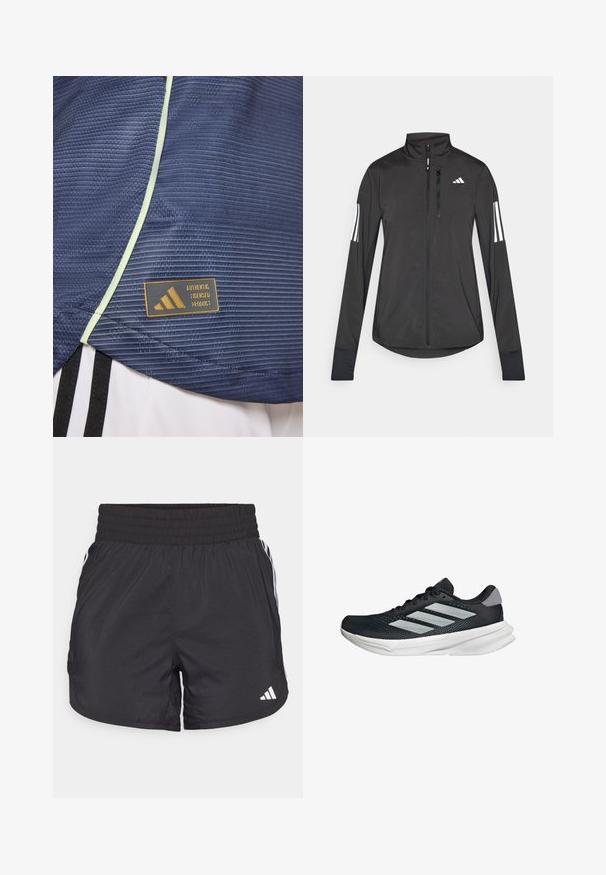 Crni sportski jakna napravljena od laganog materijala. Ima prednji zatvarač, visoki ovratnik i tri bijele pruge na svakoj rukavu.; Mornarska atletska majica s teksturiranim uzorkom, naglašena svijetlozelenim obrubom i oznakom proizvoda licenciranog od strane Adidasa s zlatnim logotipom.; Crne atletske kratke hlače s elastičnom trakom u struku, bočnim džepovima i bijelim prugama sa strane. Izrađene su od laganog materijala.; Crne trkačke tenisice s mrežastim gornjim dijelom, tri srebrne pruge, bijeli srednji sloj i teksturirani potplat. Sadrži podstavljeni ovratnik i zatvaranje s vezicama.