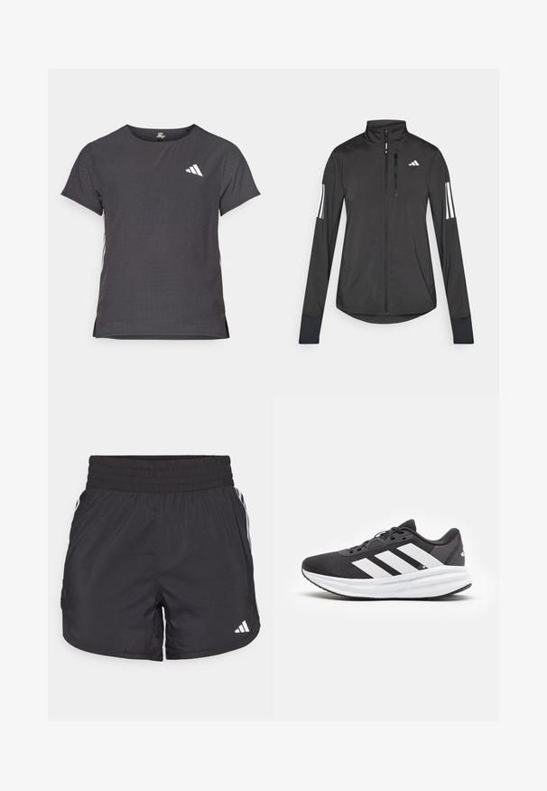 Musta urheilutakki, joka on valmistettu kevyestä materiaalista. Ominaisuuksiin kuuluu etuvetoketju, korkea kaulus ja kolme valkoista raitaa joka hihassa.; Lyhythihainen urheilupaita, tummanharmaa, jossa on reikäkudot. Ominaisuuksina valkoinen logo ja kontrastiväriset sivusuunnat. Pyöreä pääntie.; Mustat urheilushortsit, joissa on joustava vyötärö, sivutaskut ja valkoiset raidat sivuilla. Valmistettu kevyestä materiaalista.; Musta urheilukengät valkoisilla yksityiskohdilla, joissa on verkkopäällinen, pehmeä pohja ja kolme valkoista raidetta sivulla brändäystä varten.