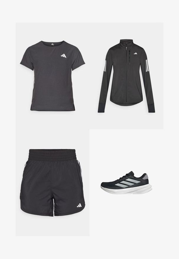 Černá atletická bunda vyrobená z lehkého materiálu. Má přední zip, vysoký límec a tři bílé pruhy na každém rukávu.; Kraťasový sportovní tričko, tmavě šedé barvy s perforovanou texturou. Obsahuje bílé logo a kontrastní boční pruhy. Kulatý výstřih.; Černé sportovní šortky s elastickým pasem, bočními kapsami a bílými pruhy po stranách. Vyrobené z lehkého materiálu.; Černé běžecké boty s vrchní částí z prodyšné síťoviny, třemi stříbrnými pruhy, bílou mezipodešví a texturovanou podešví. Obsahují polstrovaný límec a šněrování.