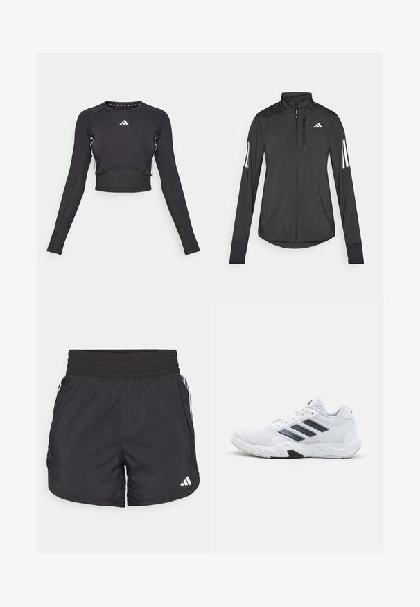 Juodas sportinis švarkas, pagamintas iš lengvos medžiagos. Yra priekinis užtrauktukas, aukšta apykaklė ir trys baltos juostos kiekviename rankovėje.; Juodas ilgomis rankovėmis trumpas puošnus marškinėliai, pagaminti iš elastingos medžiagos, su baltais akcentais ir Adidas logotipu krūtinėje. Lieknas siluetas ir panyrai tekstūra.; Juodos sportinės šortai su elastingu juosmeniu, šoninėmis kišenėmis ir baltais juostelėmis šonuose. Pagaminti iš lengvos medžiagos.; Baltas sportinis batelis su tinklelio viršumi, trimis juodomis juostelėmis šone, tekstūruotais akcentais ir tvirtu guminio pado su kontrastinga juoda dalimi.