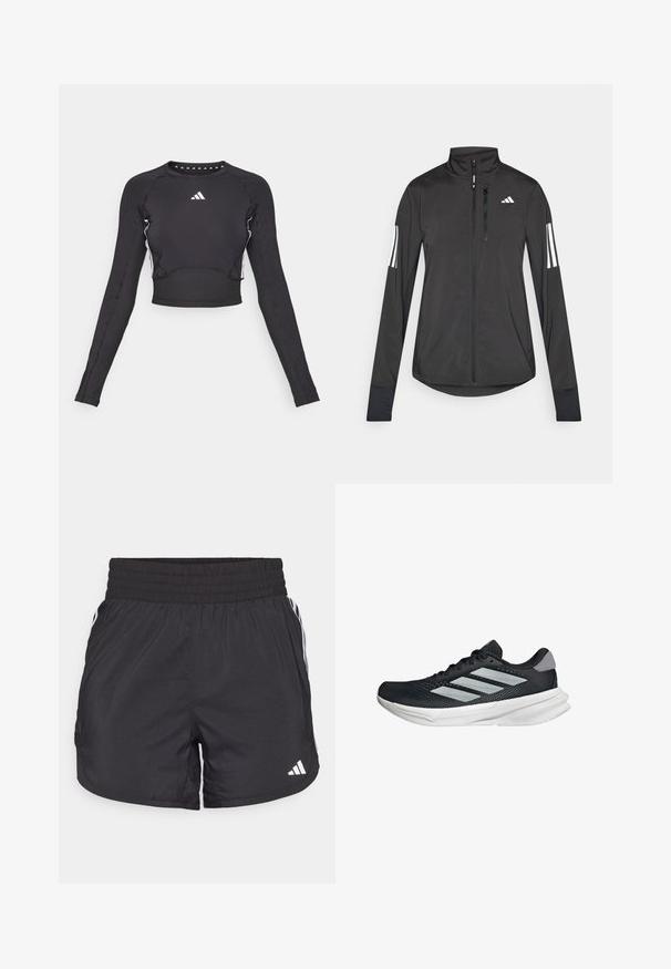 Schwarze Sportjacke aus leichtem Material. Mit einem Frontreißverschluss, hohem Kragen und drei weißen Streifen an jedem Ärmel.; Schwarzes langärmliges Crop-Top aus elastischem Material, mit weißen Akzenten und einem Adidas-Logo auf der Brust. Figurbetonte Passform und gerippte Textur.; Schwarze Sportshorts mit elastischem Bund, seitlichen Taschen und weißen Streifenakzenten an den Seiten. Hergestellt aus leichtem Material.; Schwarzer Laufschuh mit Mesh-Obermaterial, drei silbernen Streifen, weißer Zwischensohle und strukturiertem Außensohle. Verfügt über einen gepolsterten Schaft und eine Schnürung.