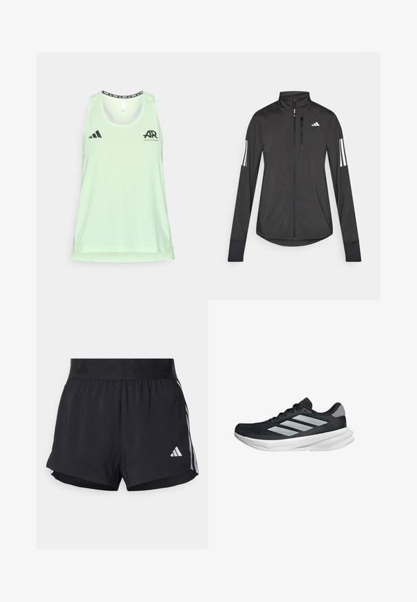 Schwarze Sportjacke aus leichtem Material. Mit einem Frontreißverschluss, hohem Kragen und drei weißen Streifen an jedem Ärmel.; Hellgrünes ärmelloses Sportoberteil aus atmungsaktivem Material, mit schwarzem adidas-Logo und Laufgrafiken am Hals und auf der Brust.; Schwarze Sportshorts mit einem elastischen Bund, ausgestattet mit einem strukturierten Band, seitlichen Streifen und einem weißen Adidas-Logo am unteren Saum.; Schwarzer Laufschuh mit Mesh-Obermaterial, drei silbernen Streifen, weißer Zwischensohle und strukturiertem Außensohle. Verfügt über einen gepolsterten Schaft und eine Schnürung.